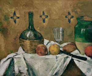 Stilleven: fiasco, glas en aardewerk